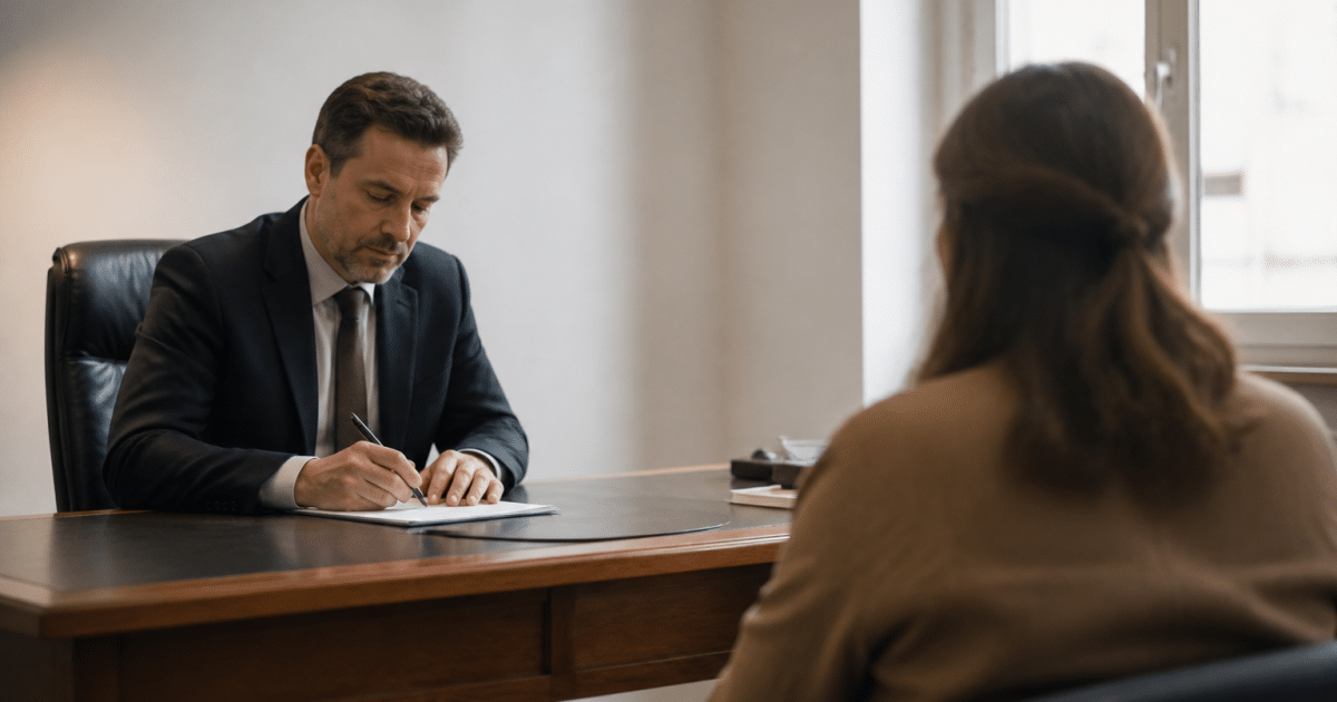 Personne assise à un bureau face à un notaire professionnel.