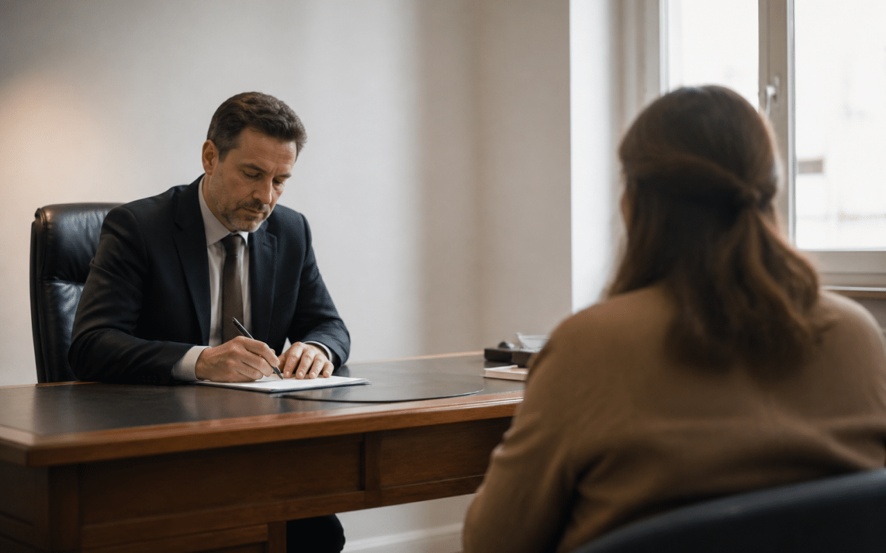 Personne assise à un bureau face à un notaire professionnel.