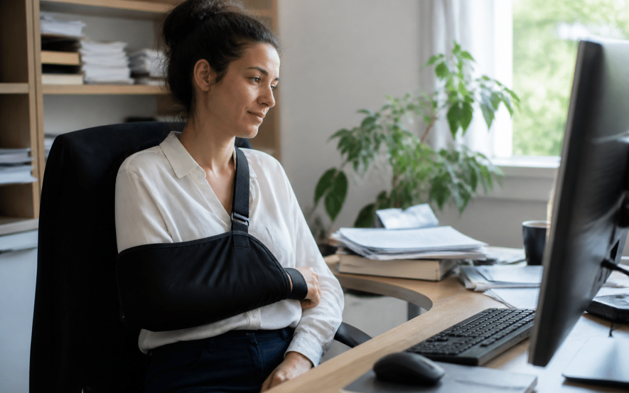 Personne immobilisee au bureau avec attelle de soutien