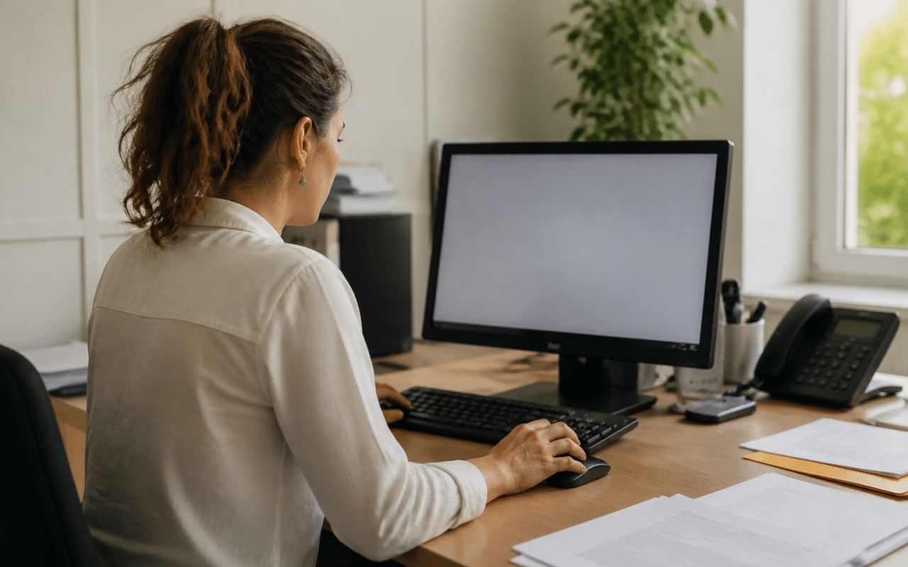 Personne assise devant ordinateur composant message notaire