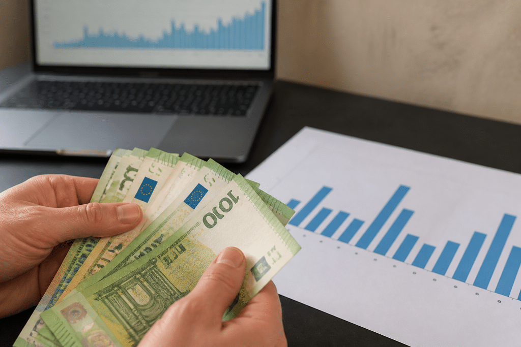 Billets euros et graphique financier montrant rendement mensuel