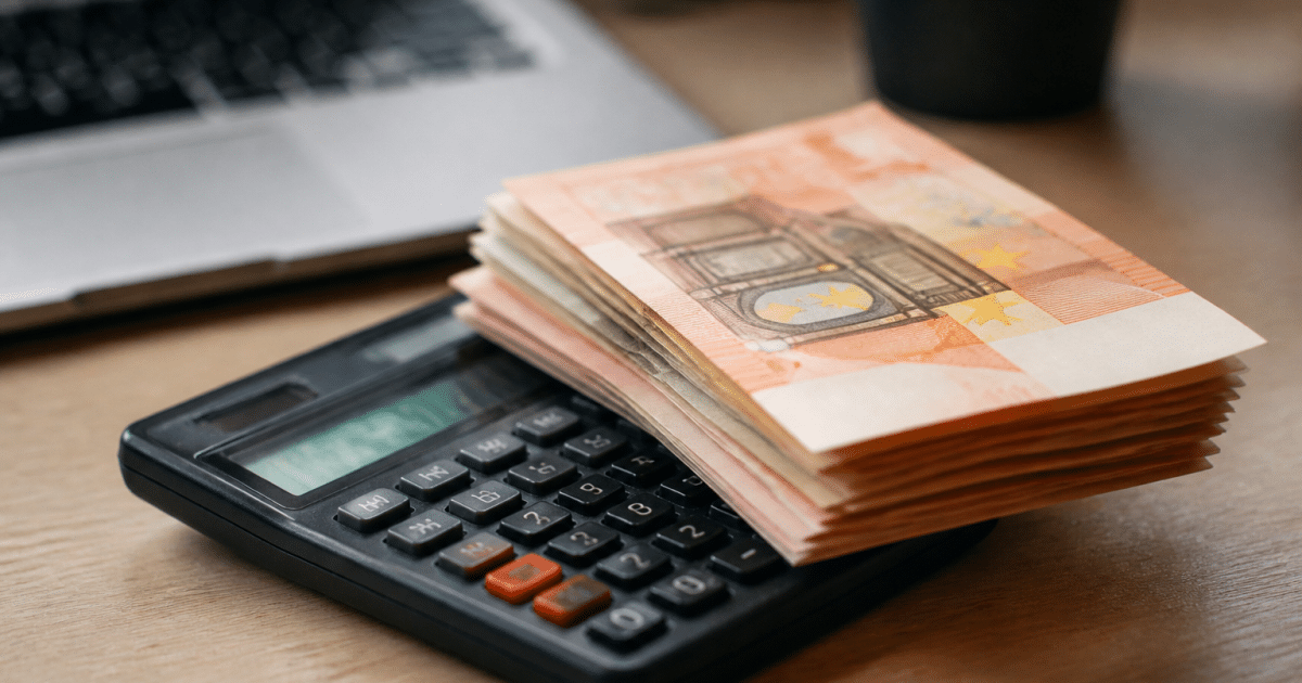 Billets euros empiles sur calculatrice affichant rendements mensuels