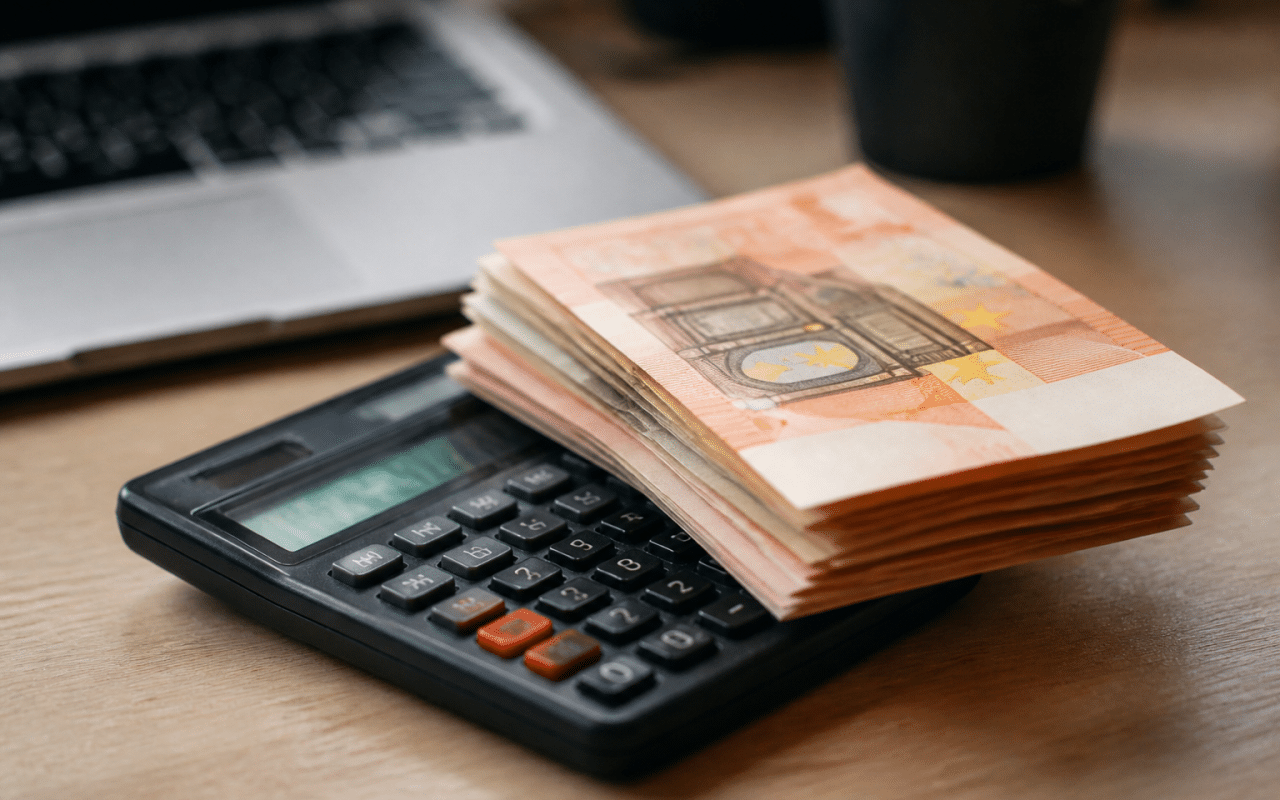 Billets euros empiles sur calculatrice affichant rendements mensuels