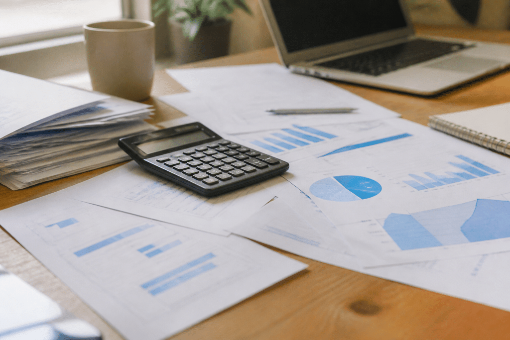Tableau financier avec graphiques, calculatrice et documents budgétaires