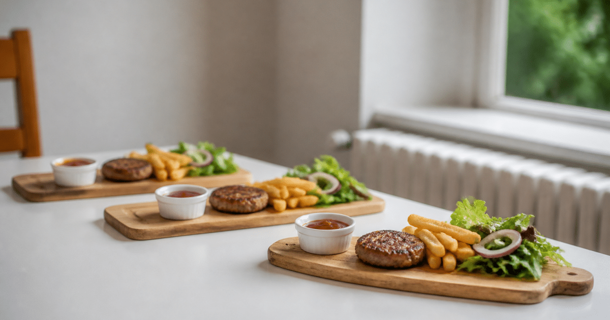 Planches repas economies alignees sur table blanche