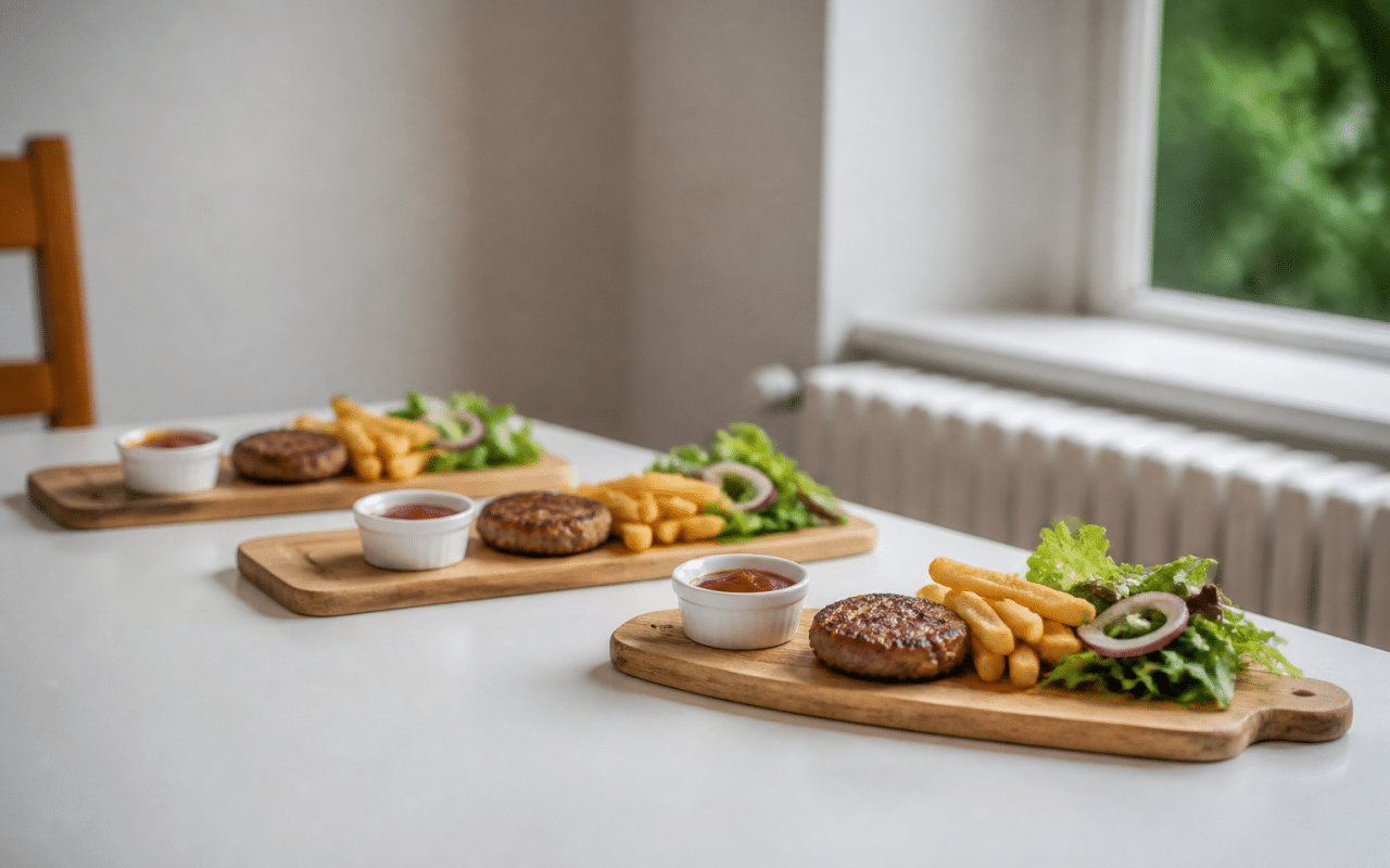Planches repas economies alignees sur table blanche