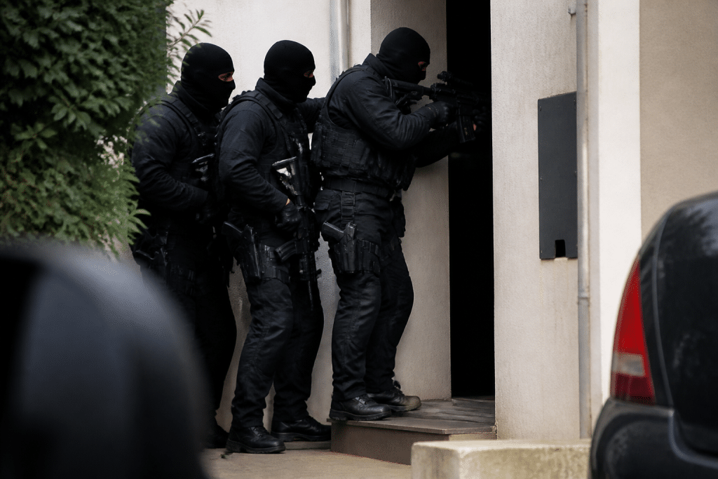 Policiers en tenue tactique noire intervenants lors operation speciale