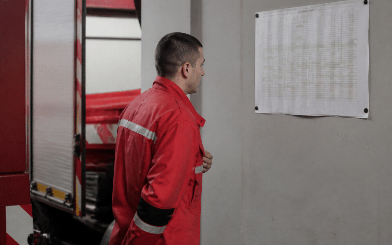 Pompier en tenue rouge consultant planning mensuel affiche
