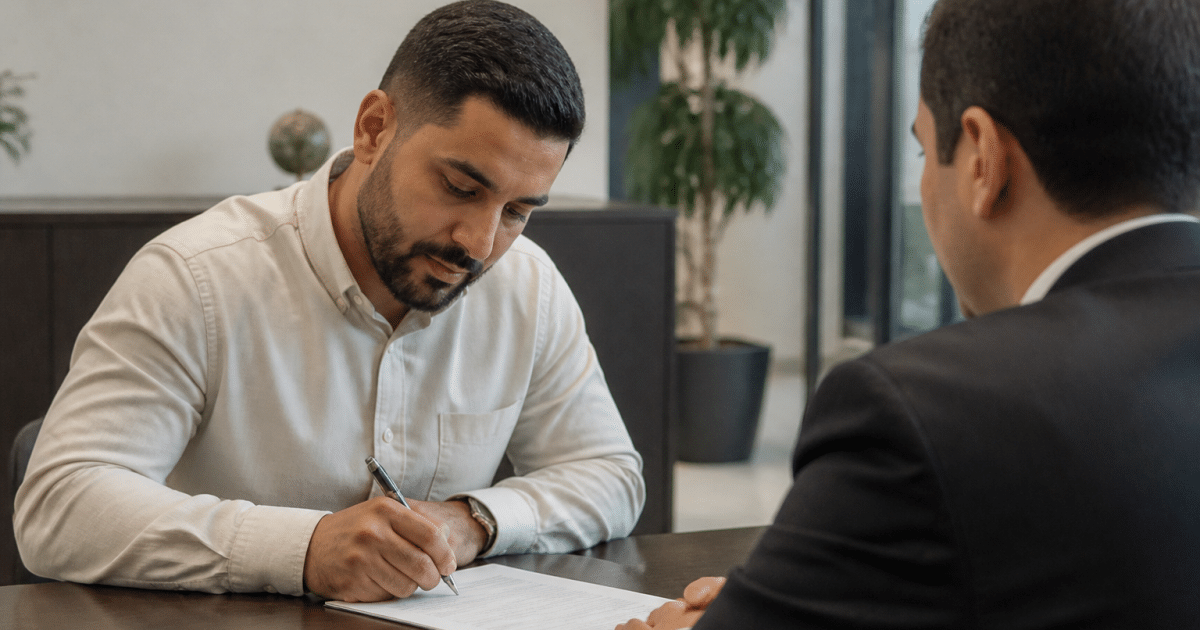 Homme signant contrat pret bancaire islamique bureau