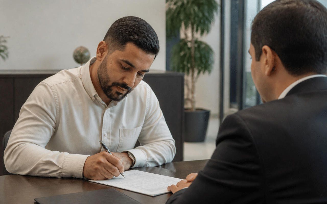 Homme signant contrat pret bancaire islamique bureau