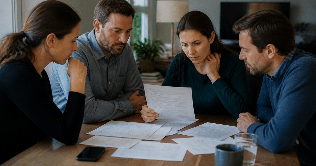 Quatre personnes autour d'une table examinant des factures.