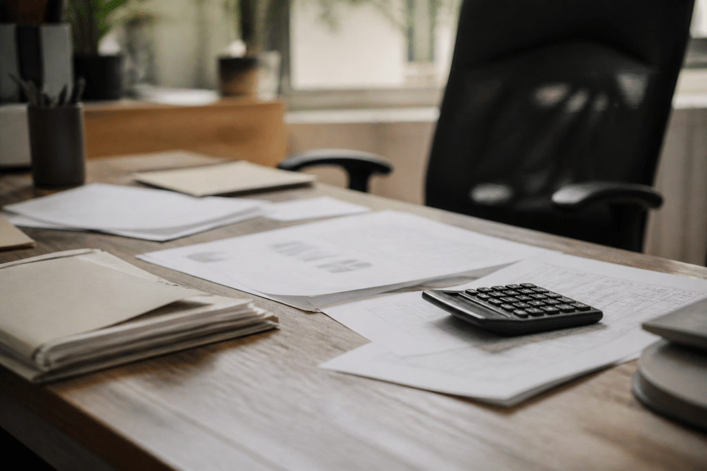 Documents comptables et calculatrice sur bureau professionnel