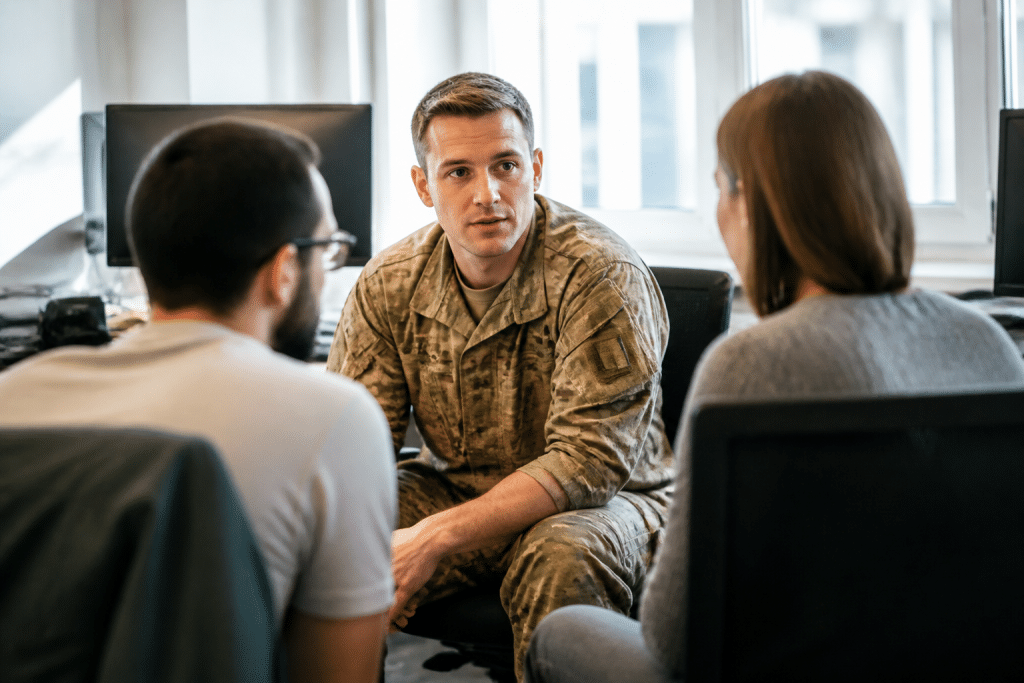 Militaire en uniforme discutant avec collègues de bureau