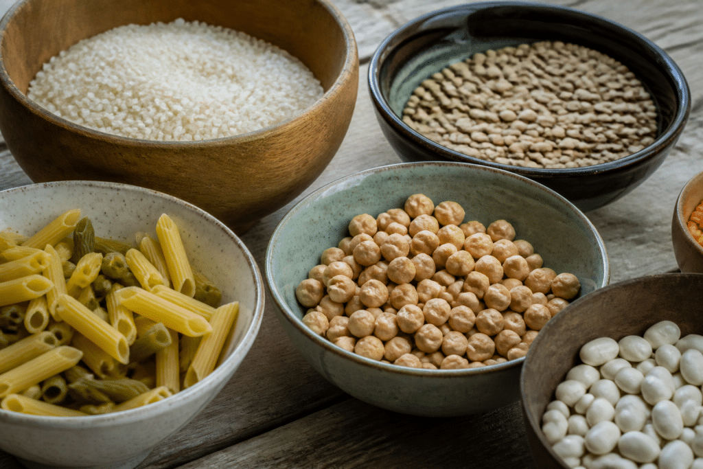 Riz, pates et legumes secs dans des bols
