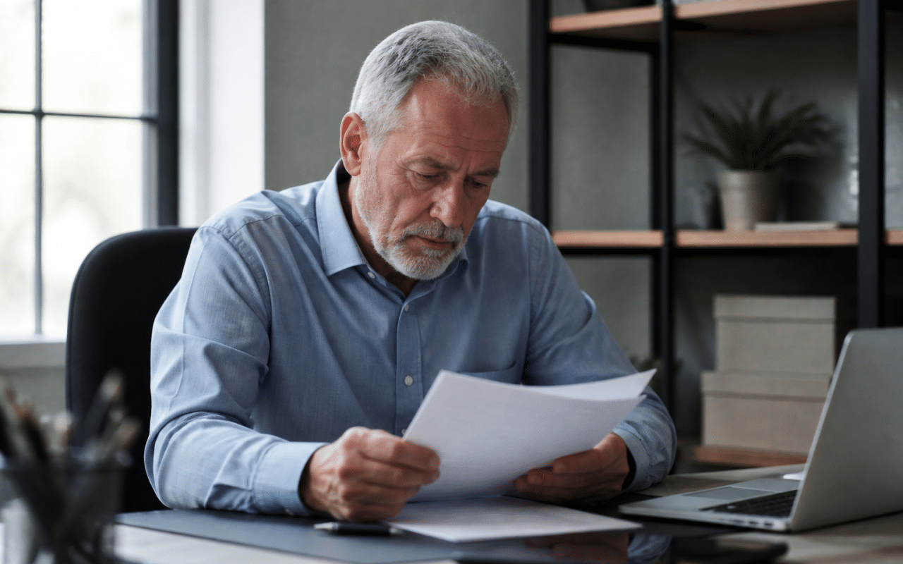 homme age assis bureau consultant documents emploi