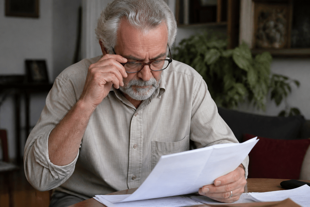 Homme age consulte documents financiers retraite chomage