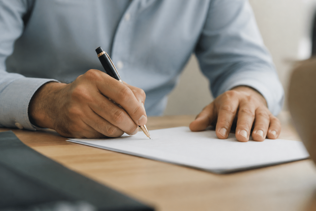 Signature manuscrite sur document contrat de travail officiel