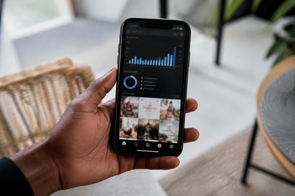 Smartphone affichant tableau de bord Instagram avec statistiques et options monetisation