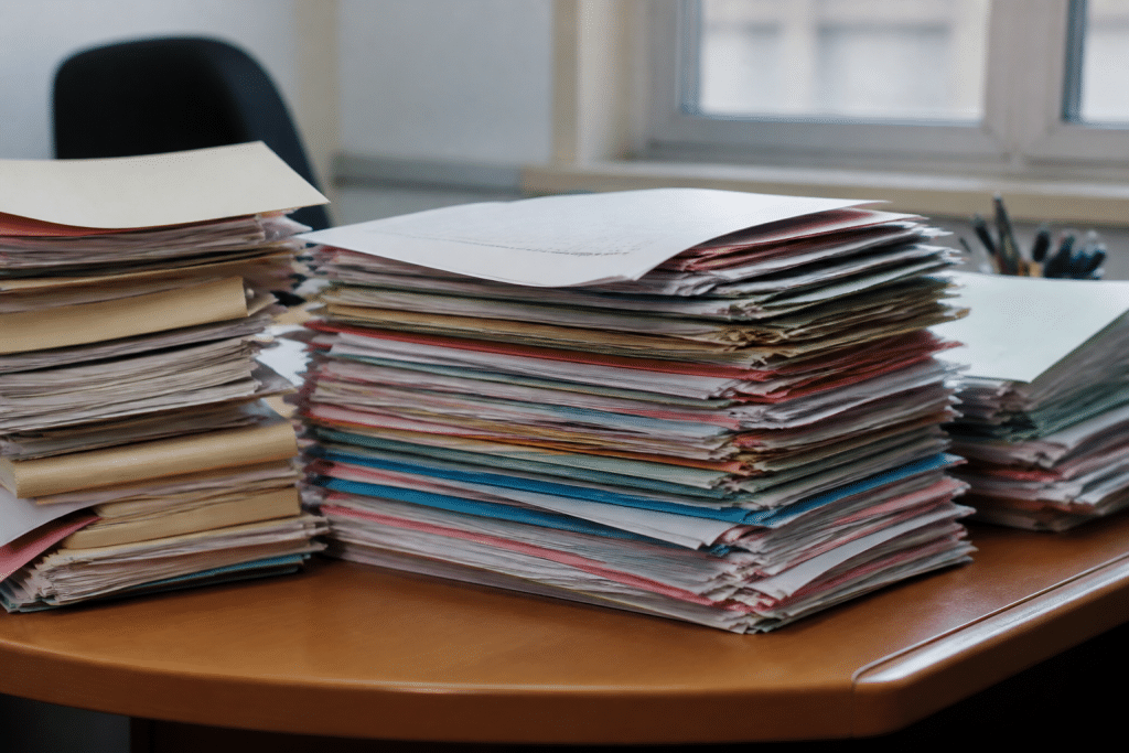 Dossiers administratifs empilés sur bureau préfectoral