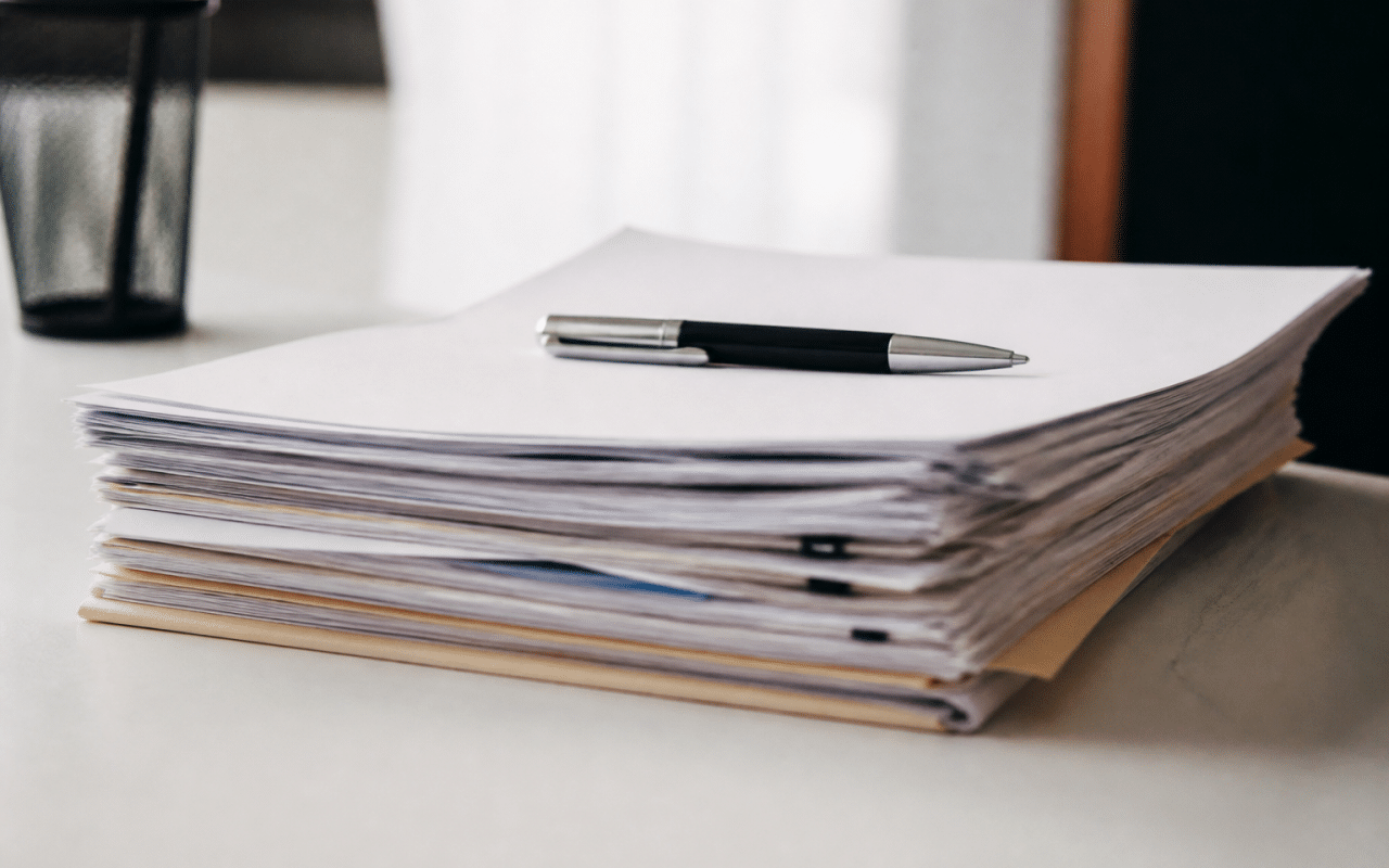 Documents officiels empiles sur bureau blanc, stylo pose dessus