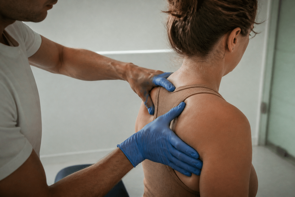 Physiotherapiste massant epaule patient avec main bleue