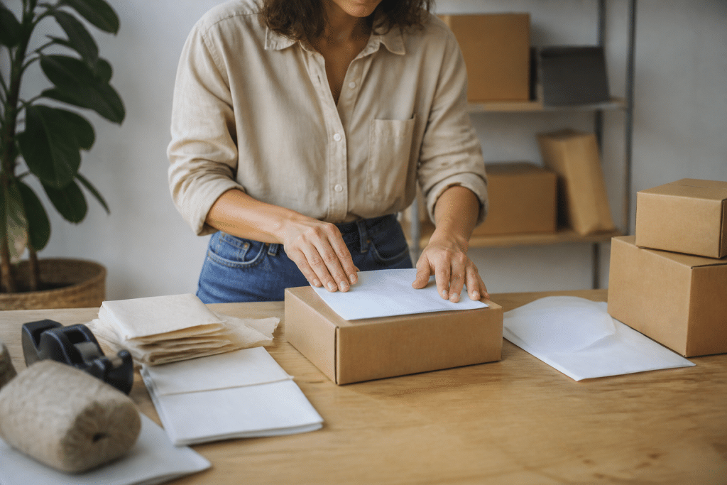 Personne emballant des colis sur bureau avec documents contrats