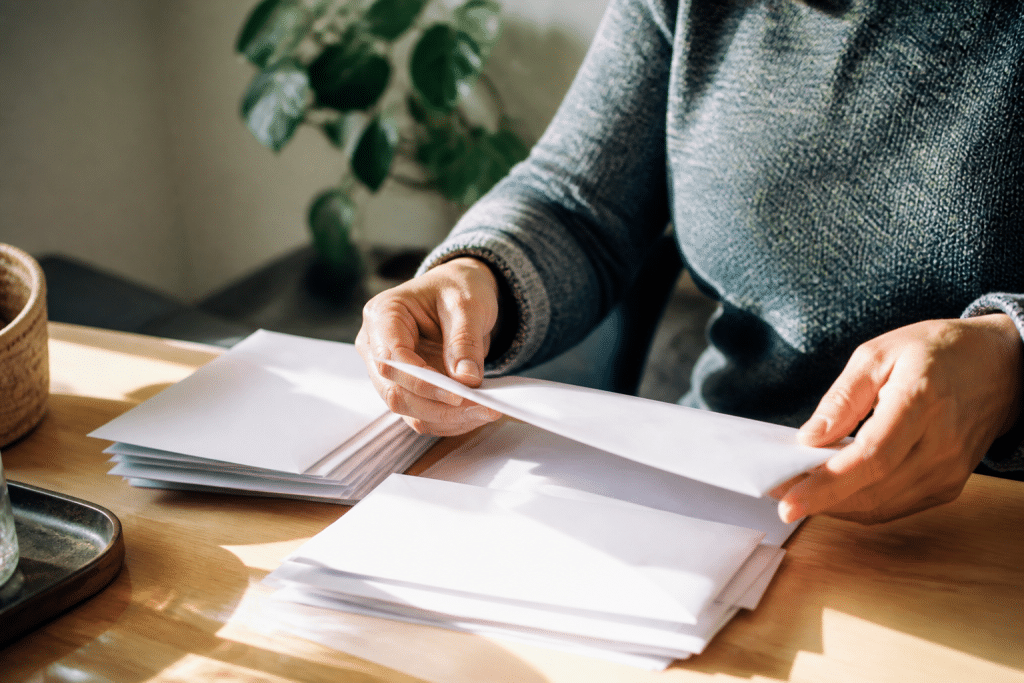 Mains triant des enveloppes blanches sur bureau lumineux