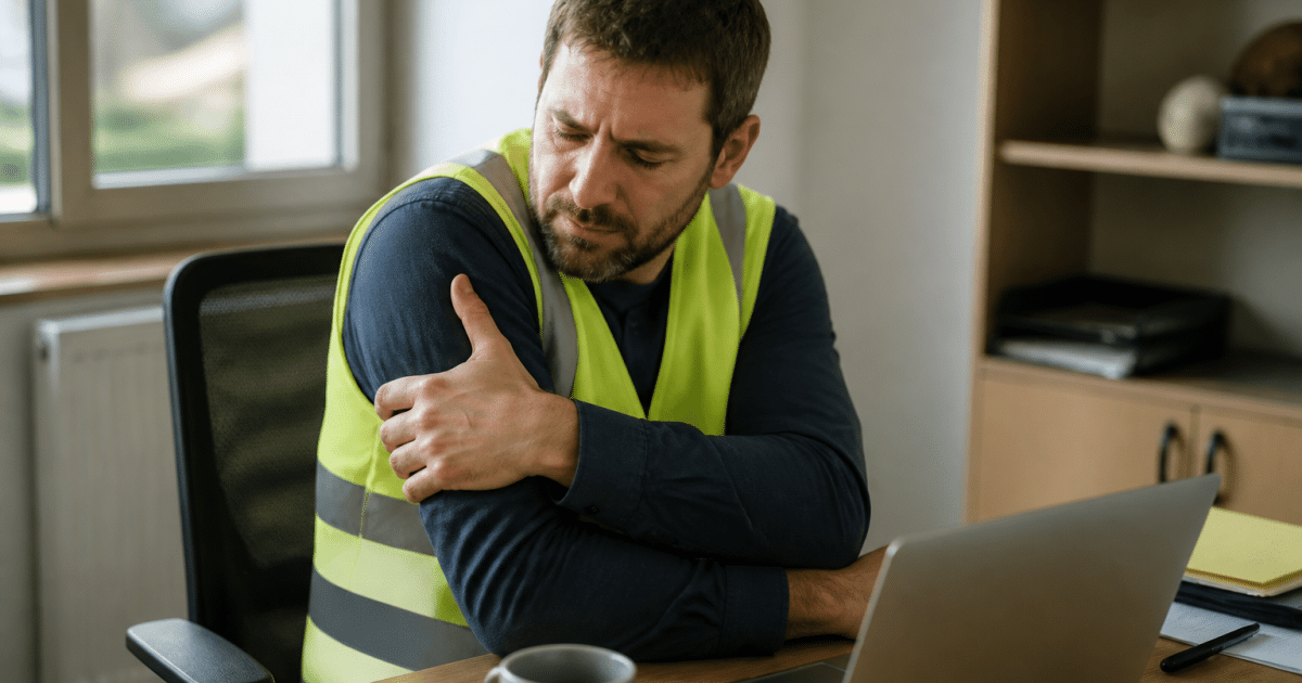 Ouvrier blesse assis tenant son bras endolori au bureau