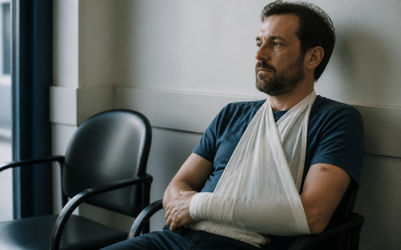 Travailleur blesse assis immobile attendant decision administrative