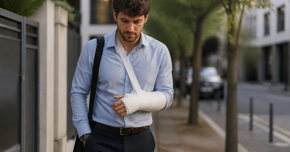 Travailleur retournant au bureau avec bandage visible.