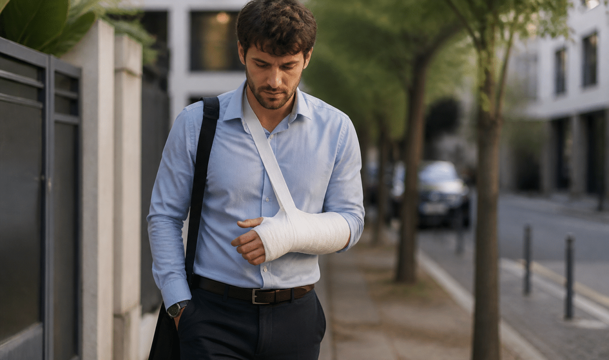 Travailleur retournant au bureau avec bandage visible.