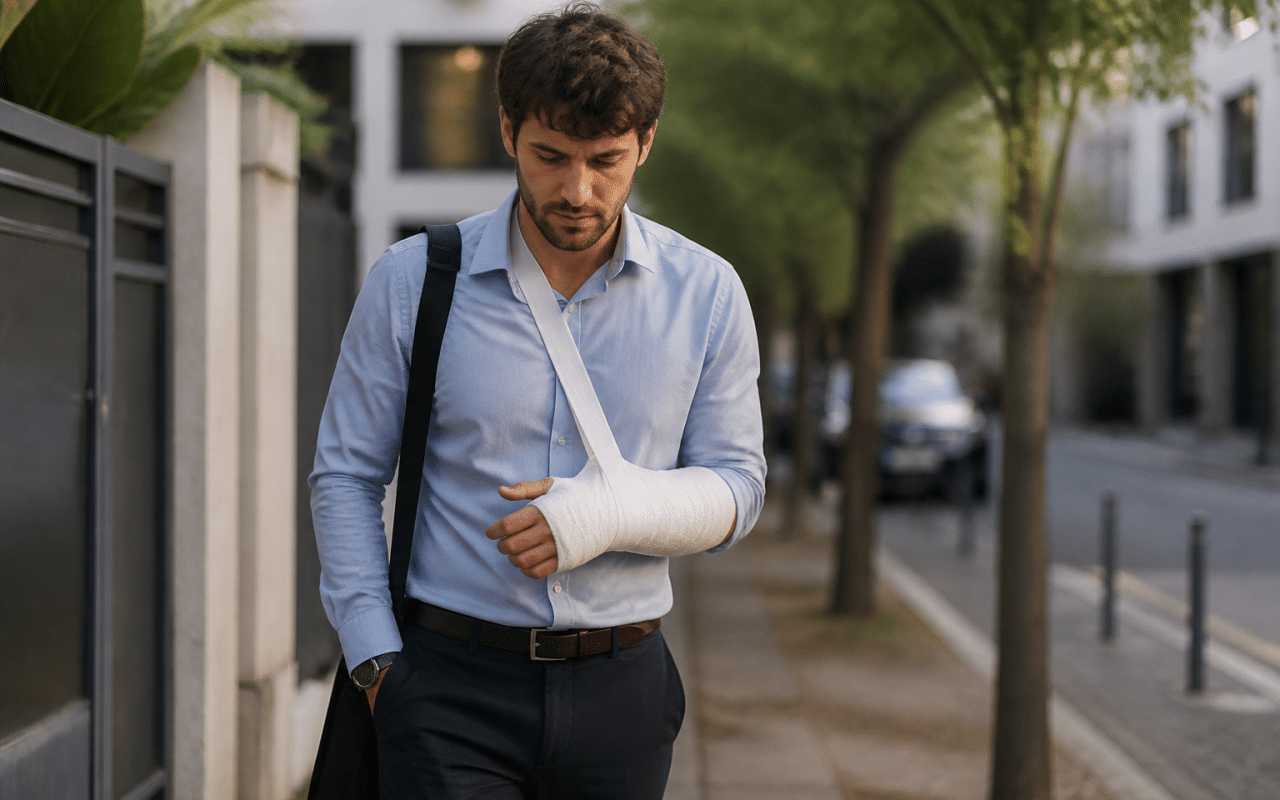 Travailleur retournant au bureau avec bandage visible.