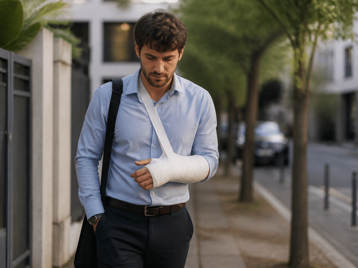 Travailleur retournant au bureau avec bandage visible.