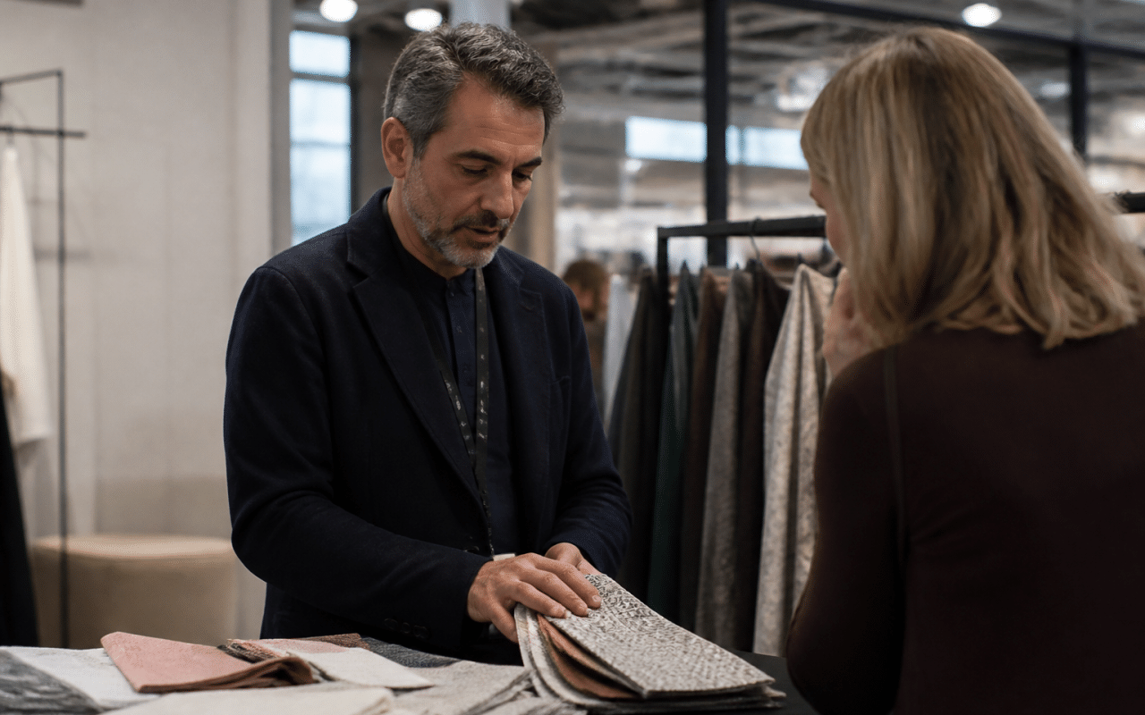 Vendeur presentant des produits dans salon client