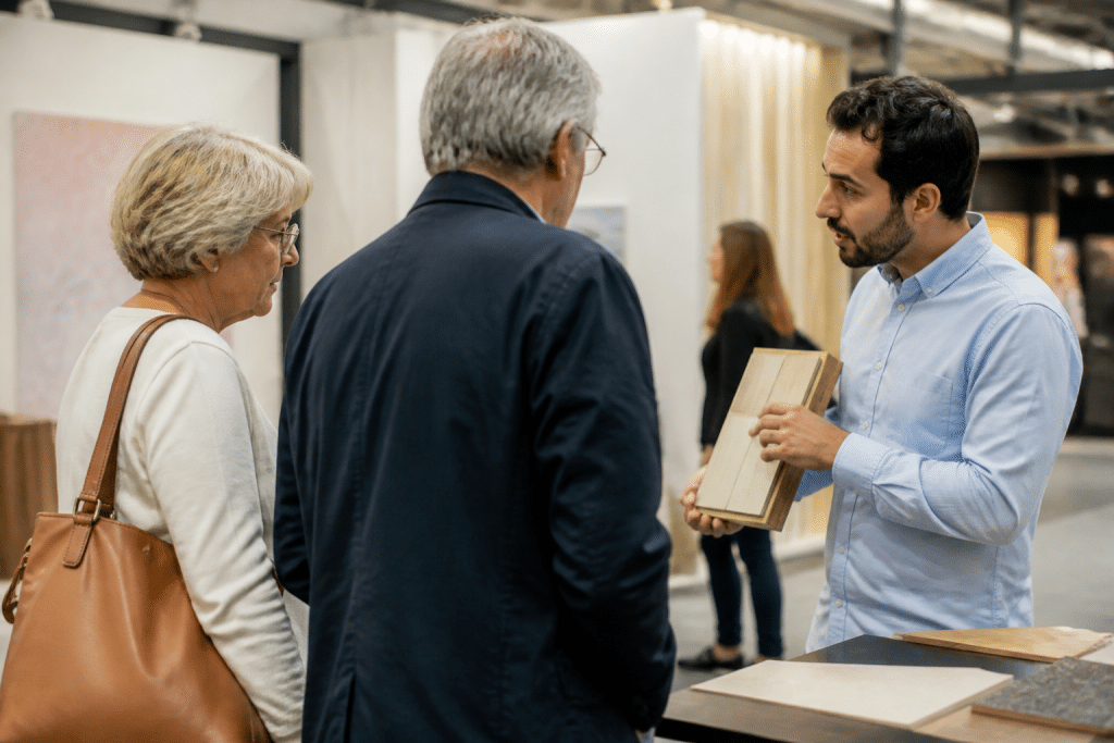 Vendeur presentant produits a clients dans salon moderne