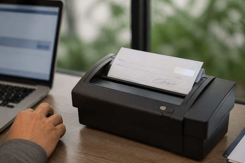 Ordinateur scannant cheque avec signature et montant numerique