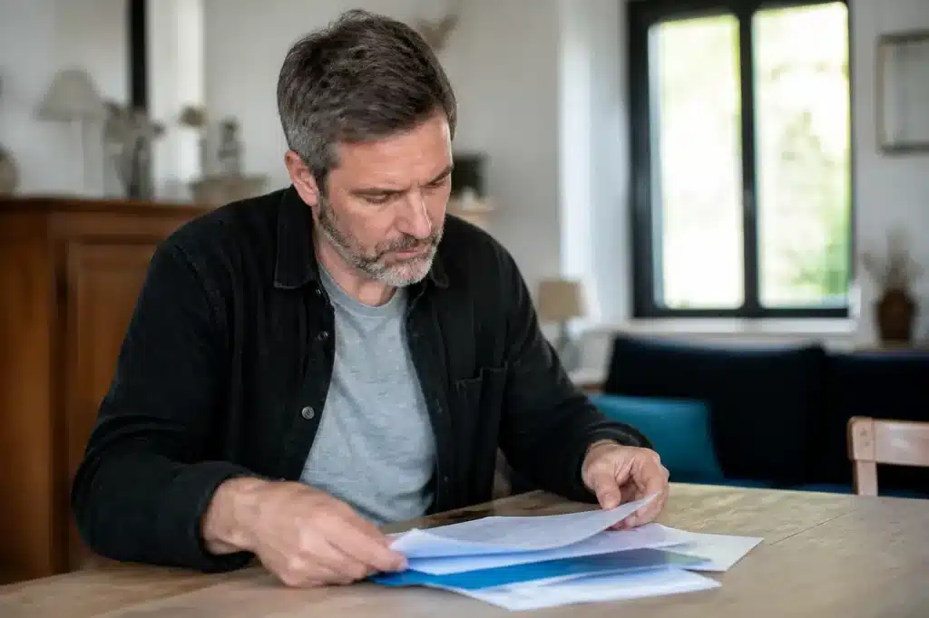 Adulte seul pose un dossier administratif sur une table