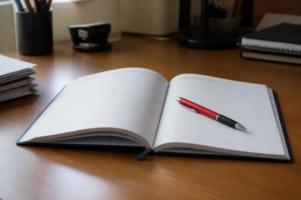 Agenda ouvert sur un bureau avec stylo rouge