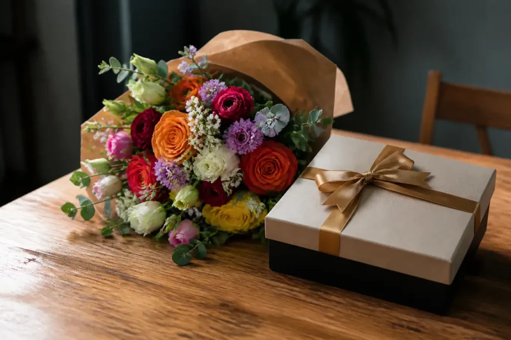 Bouquet de fleurs colorees et coffret cadeau sur table