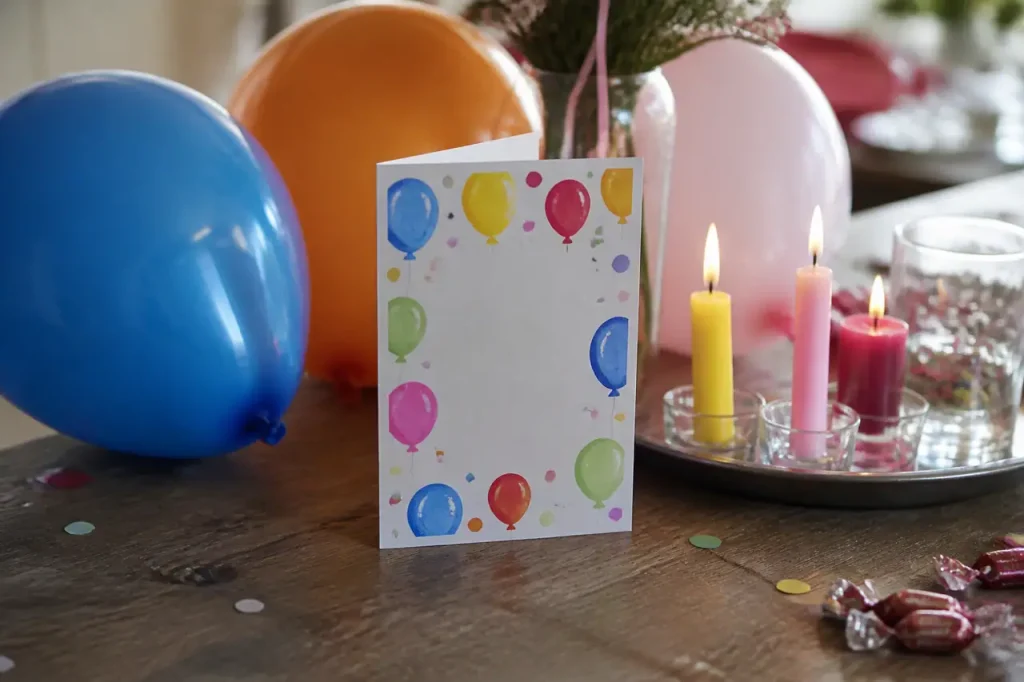 Carte anniversaire coloree avec ballons et bougies sur table