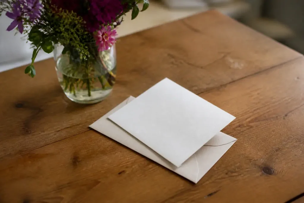 Carte manuscrite et fleurs sur une table en bois