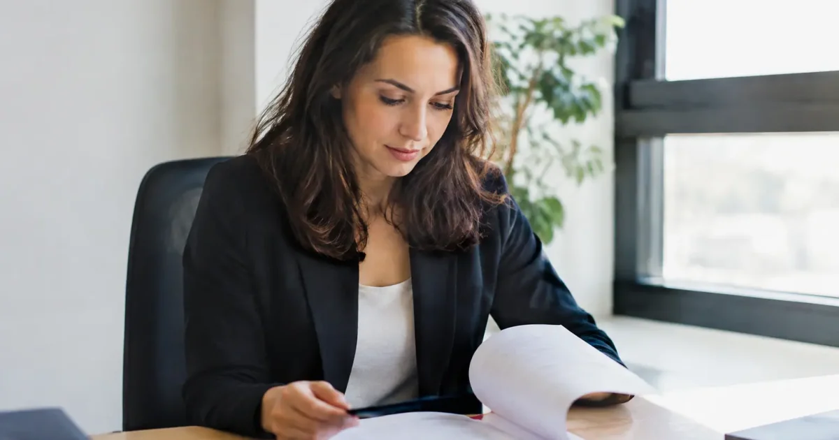 Conseillere assise devant un dossier papier ouvert
