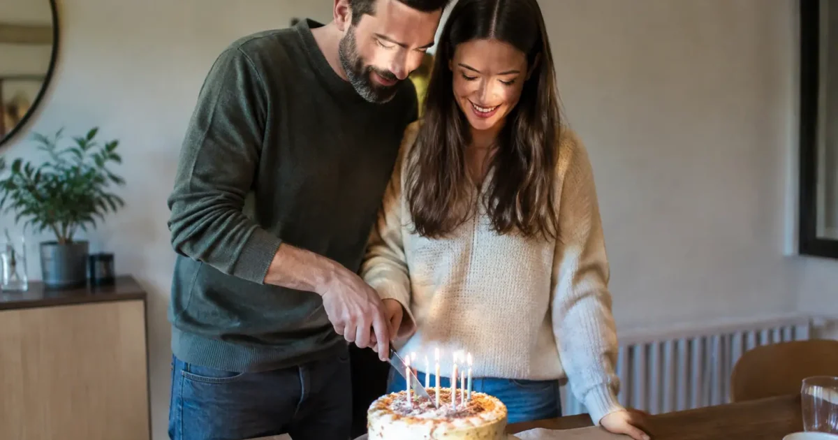 Couple aine debout coupant gateau decore de bougies