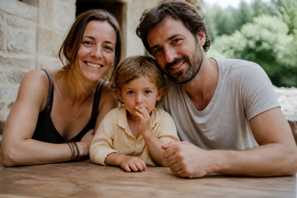 Couple et enfant devant une table en bois