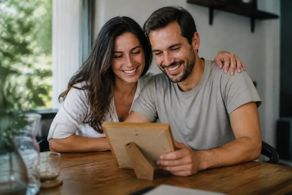 Couple souriant attable devant un cadre photo