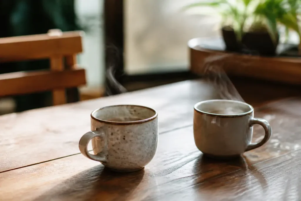 Deux tasses fumantes sur une table en bois