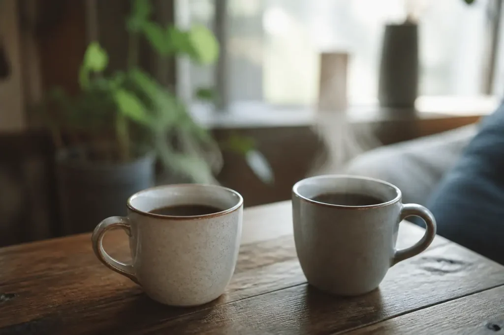 Deux tasses fumantes sur une table en bois