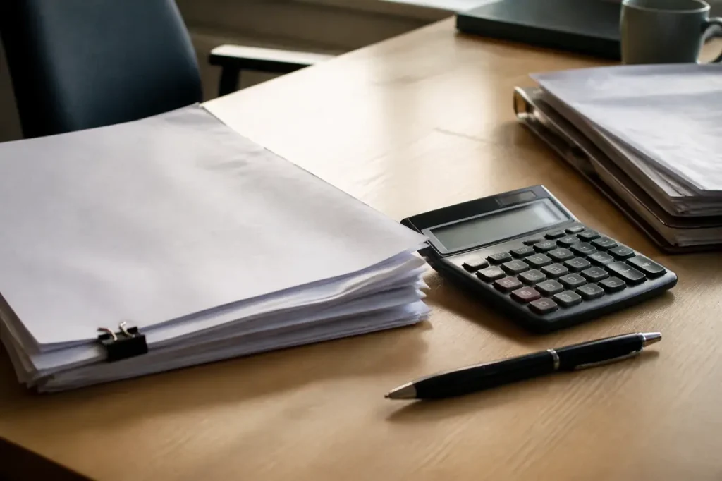 Devis papier calculatrice stylo posés sur bureau