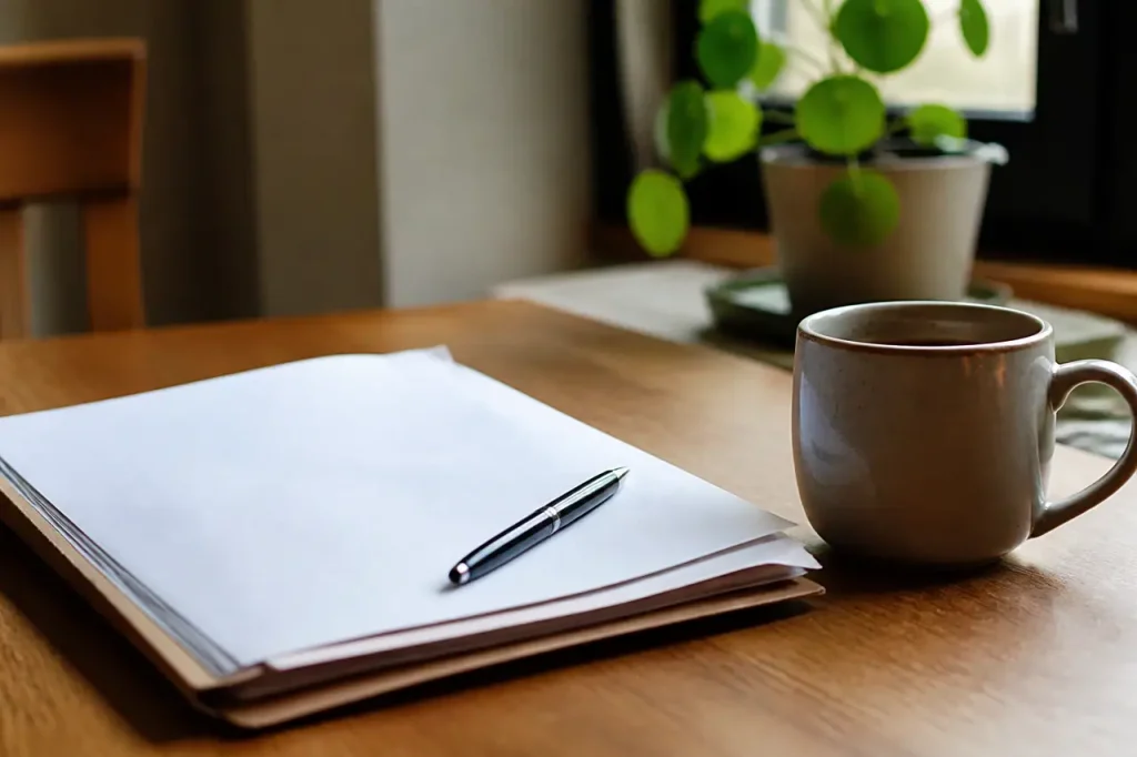 Dossier papier, stylo et tasse de cafe sur bureau