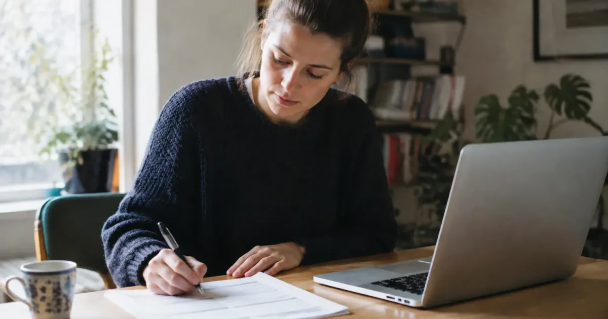 Femme assise devant un ordinateur remplissant un formulaire papier